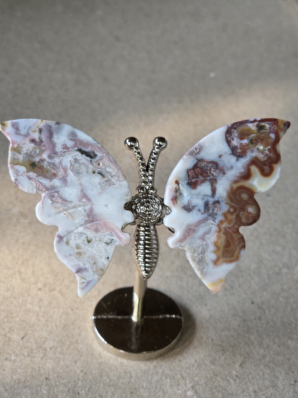 Natural Crazy Lace Agate Crystal Butterfly Wings On Metal Body Stand Decor
